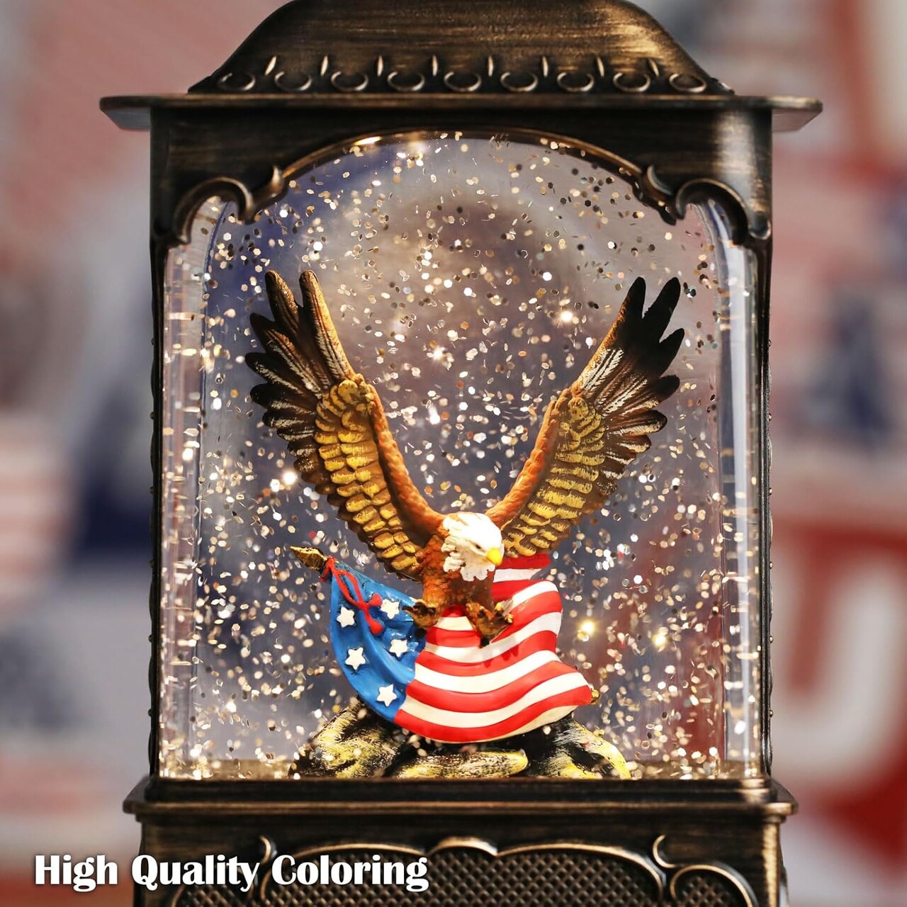 Eagle Snow Globe Lantern 4th of July Decoration – LED Patriotic American Flag Tabletop Lantern with Timer, Independence Day Home Decor 10.2 Inch